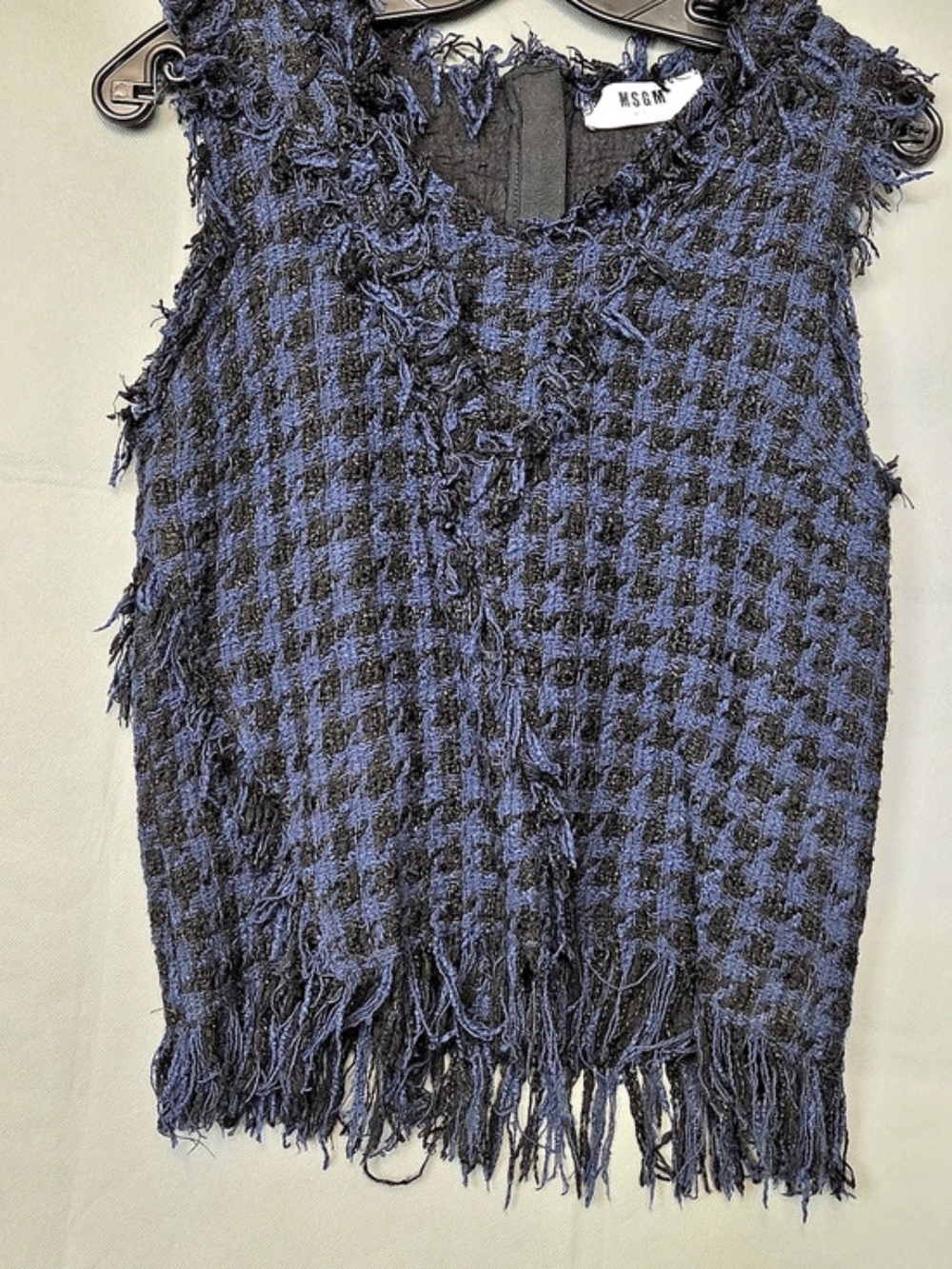 Vintage MSGM Blue & Black Checkered Fringe Tank Top